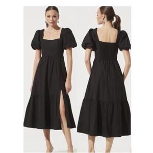ASTR The Label Puff Sleeve Midi Dress M Square Neck Black Tiered Poplin Lined